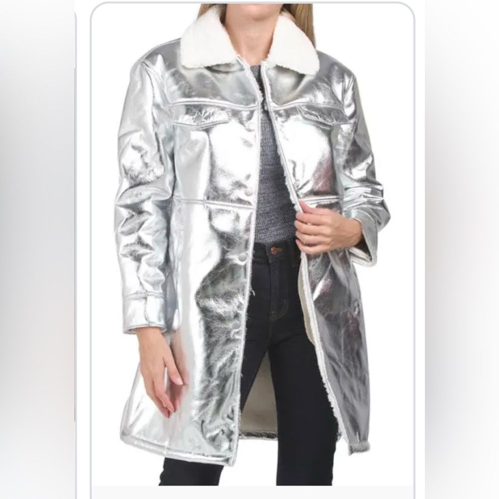 7 For All Mankind Los Angeles silver metallic faux shearling jacket Large NEW